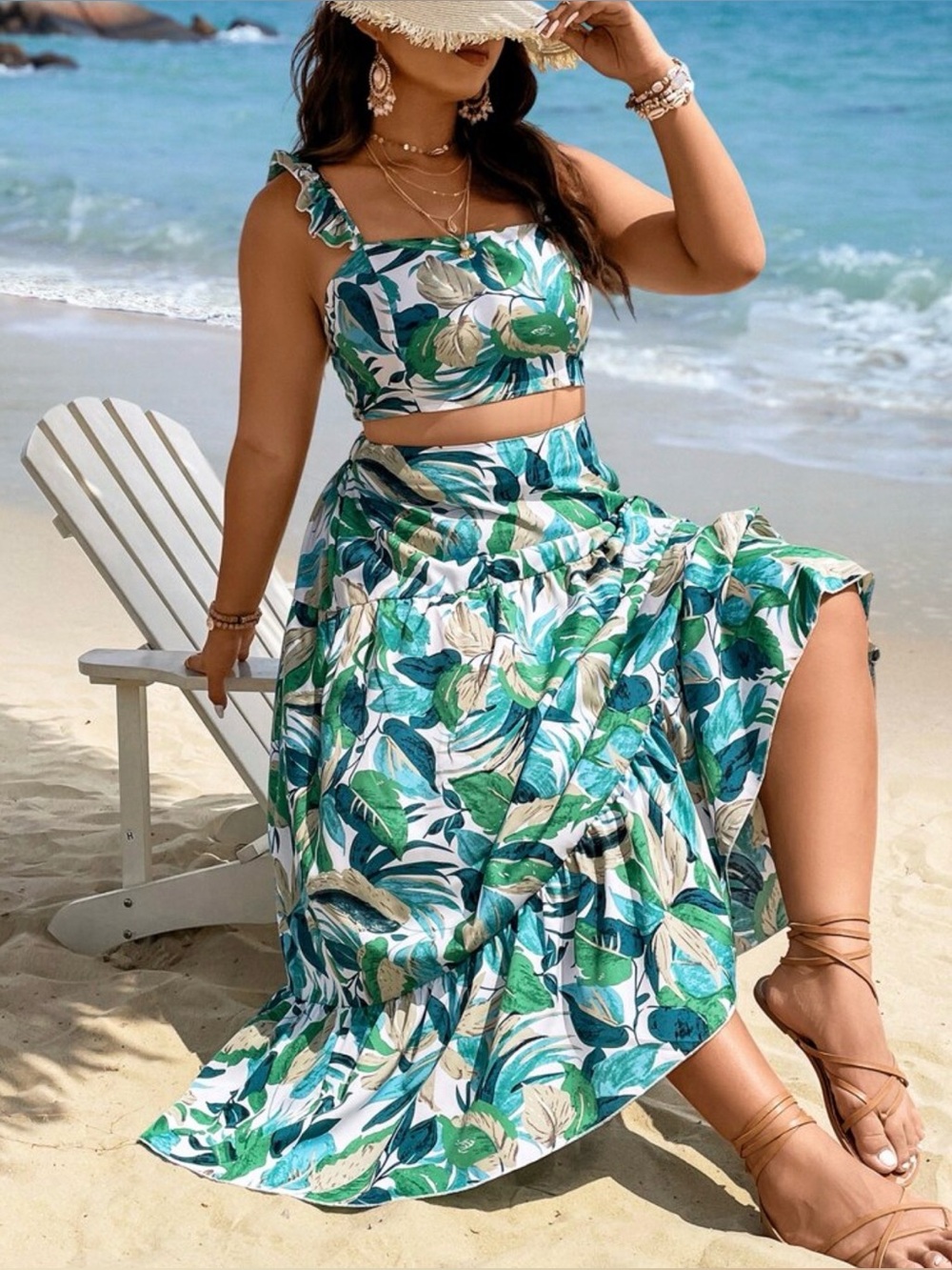 SHEIN Tropical Ruffled Strap Crop Top - Green, Teal & Cream